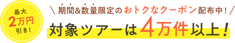最大2万円引き！期間＆数量限定のおトクなクーポン配布中！対処湯ツアーは4万件以上！