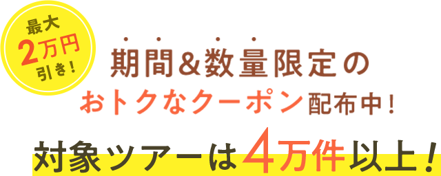 最大2万円引き！期間＆数量限定のおトクなクーポン配布中！対処湯ツアーは4万件以上！
